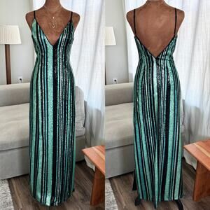 Johnny Wujek Prom Collection Sequin Maxi Dress Deep V Neck Side Slip Size Small